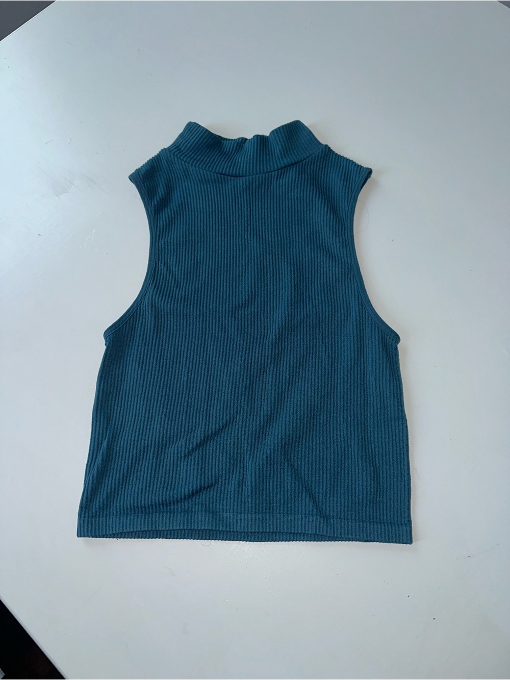Zara Sleeveless Ribbed Mock Neck Tank - Teal Blue